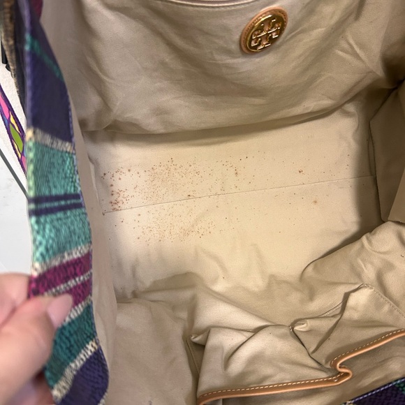 Tory Burch Striped Ella Tote Bag Leather and Coated Canvas pink LARGE LOGO - Picture 8 of 9